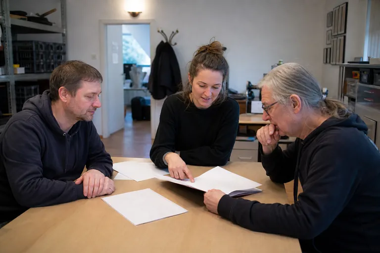 Team eines Kulturvereins klärt Zuständigkeiten für eine Künstlerzahlung.